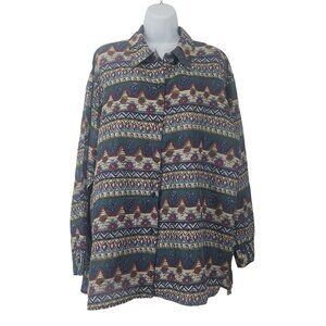 VTG Stunt Collections Silk Button Up Blouse Aztec Country Western Print Womens L